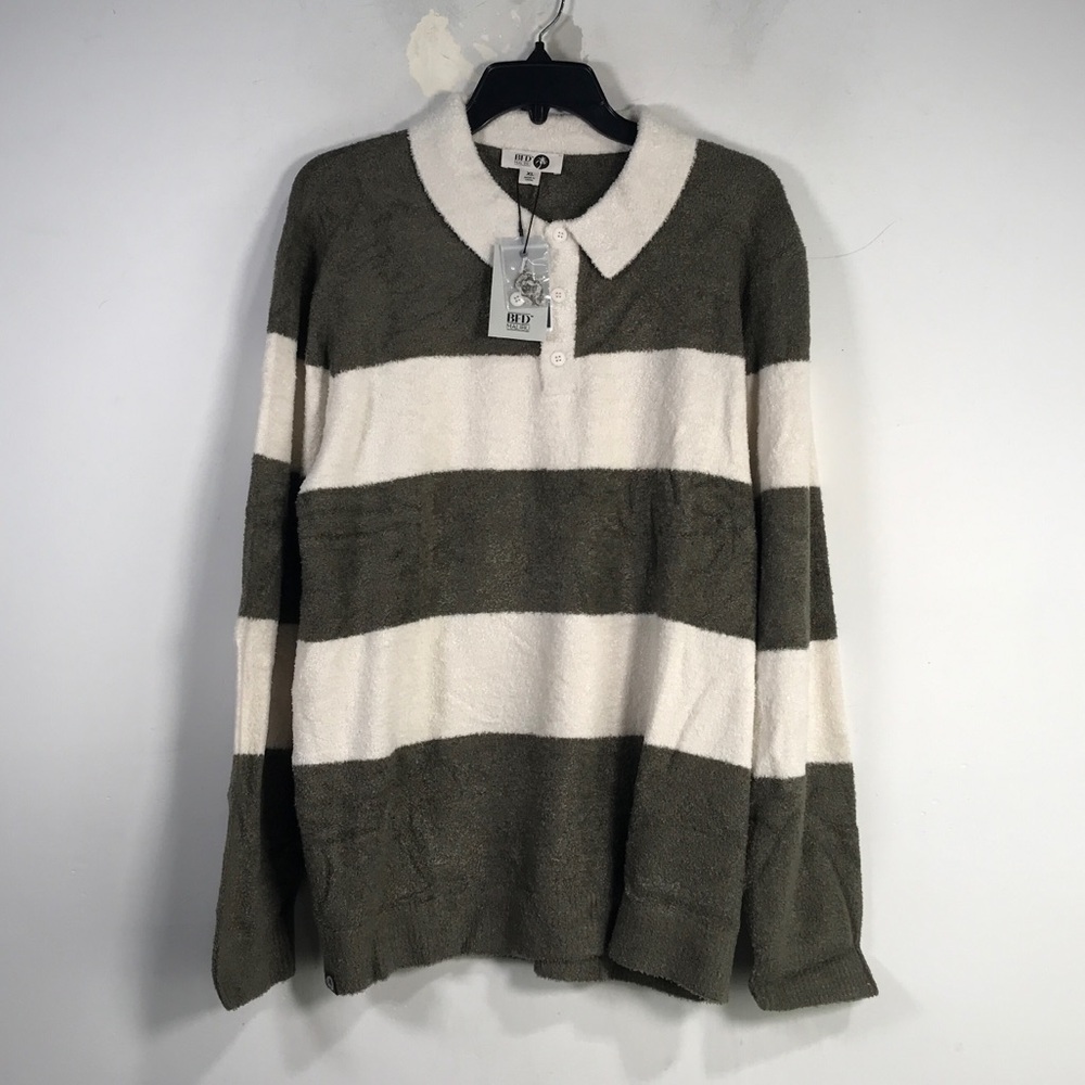 Barefoot Dreams Cozy Chic Rugby Sweater, Men's Size XL - Khaki Green/Moonlight